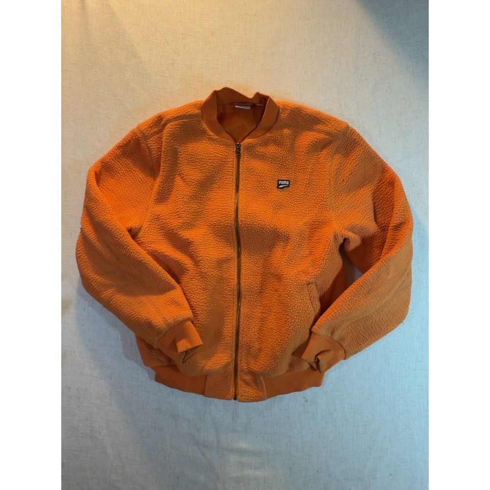 Puma Full-Zip Sherpa Fleece Jacket Orange Ribbed Hem Bomber Style Size Medium